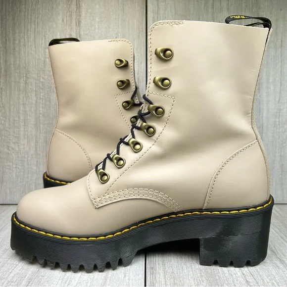 NEW Dr. Marten Docs Leona Taupe Brown Leather Heeled Combat Boot Women’s Size 10 - Picture 2 of 10